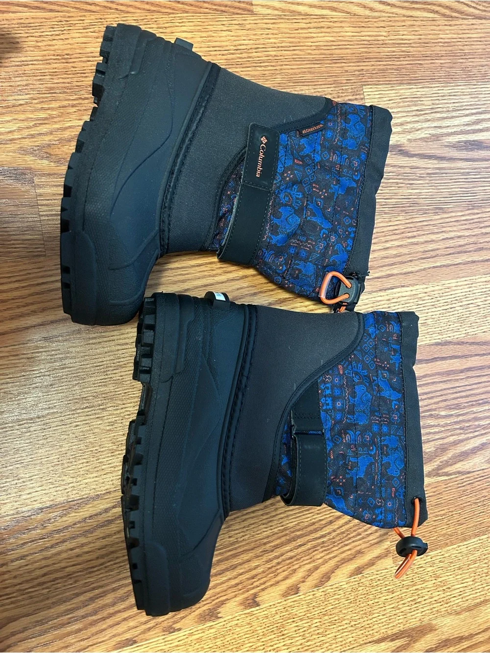 Columbia Powderbug Kids Navy and Black Snow Boots with Orange Accents